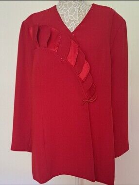 Vintage 80s 90s Caramia Vibrant Red V-Neck Blazer with Red Rhinestone
